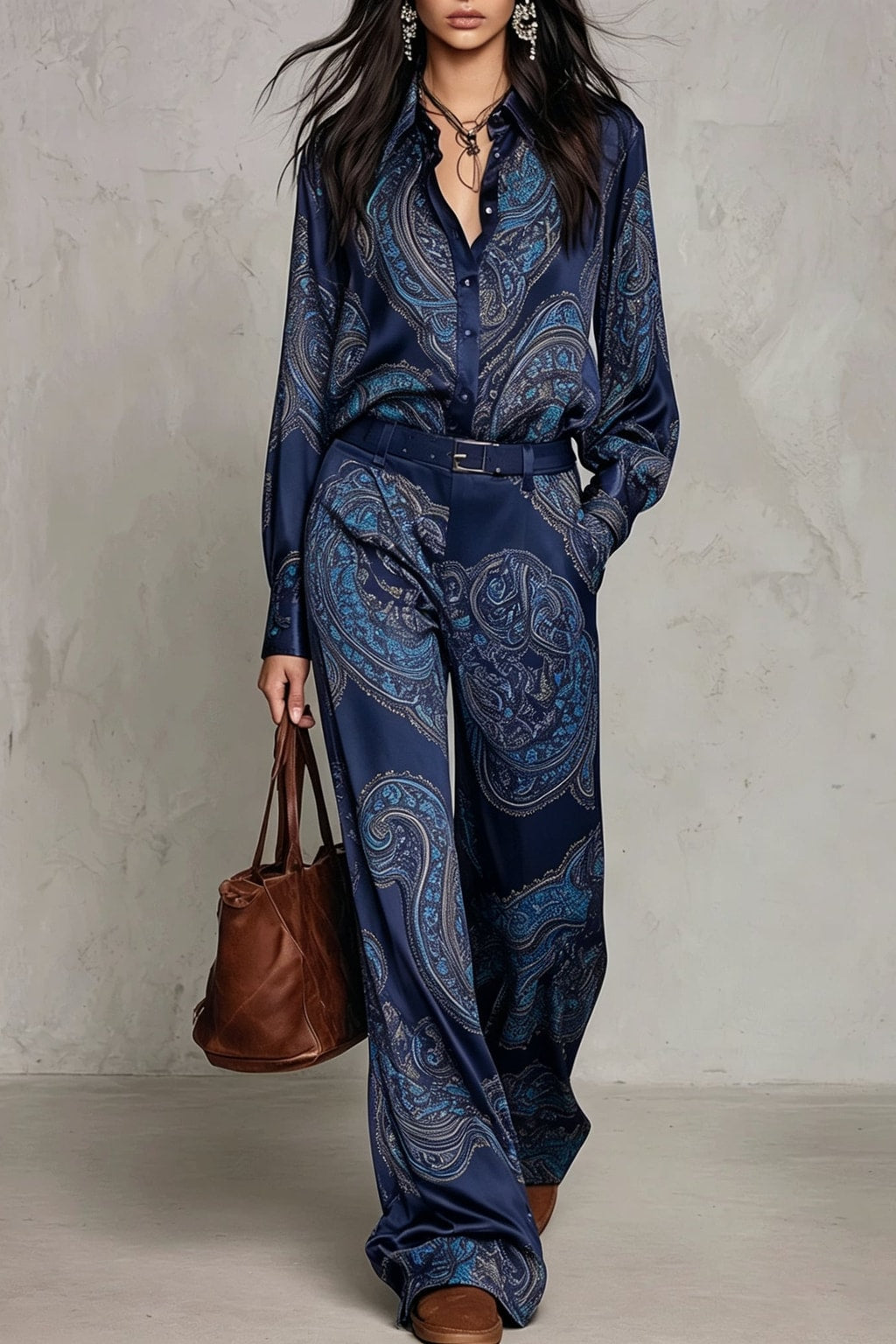 Satin Matching Set With Paisley Print And Wide-Leg Pants - 8