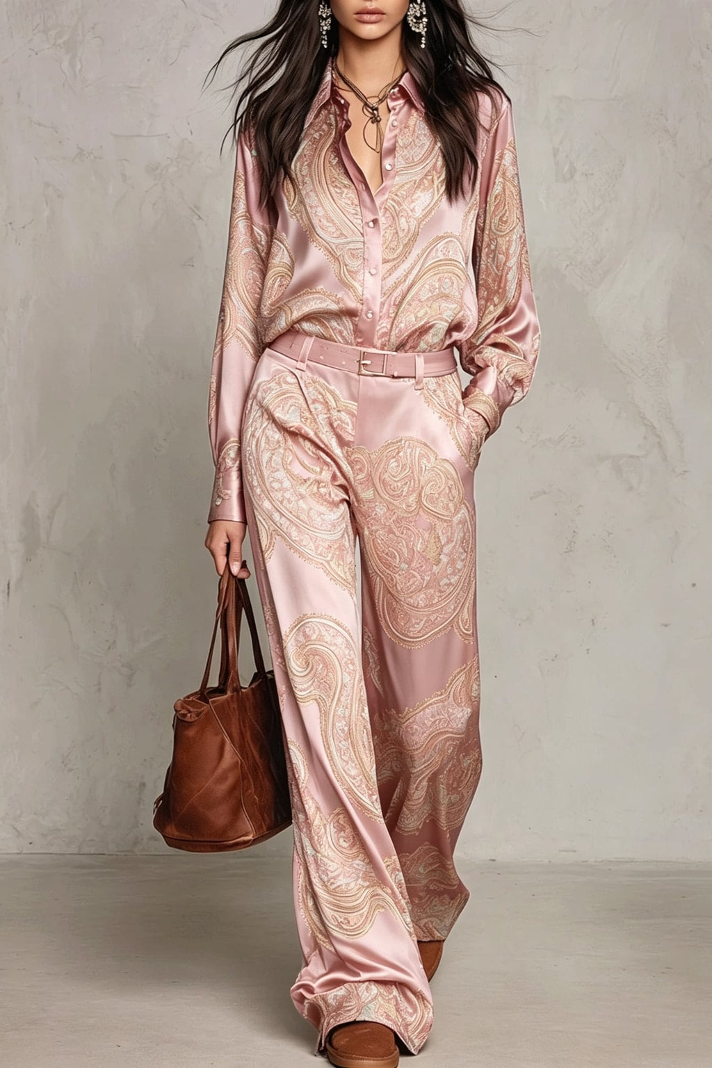Satin Matching Set With Paisley Print And Wide-Leg Pants - 10