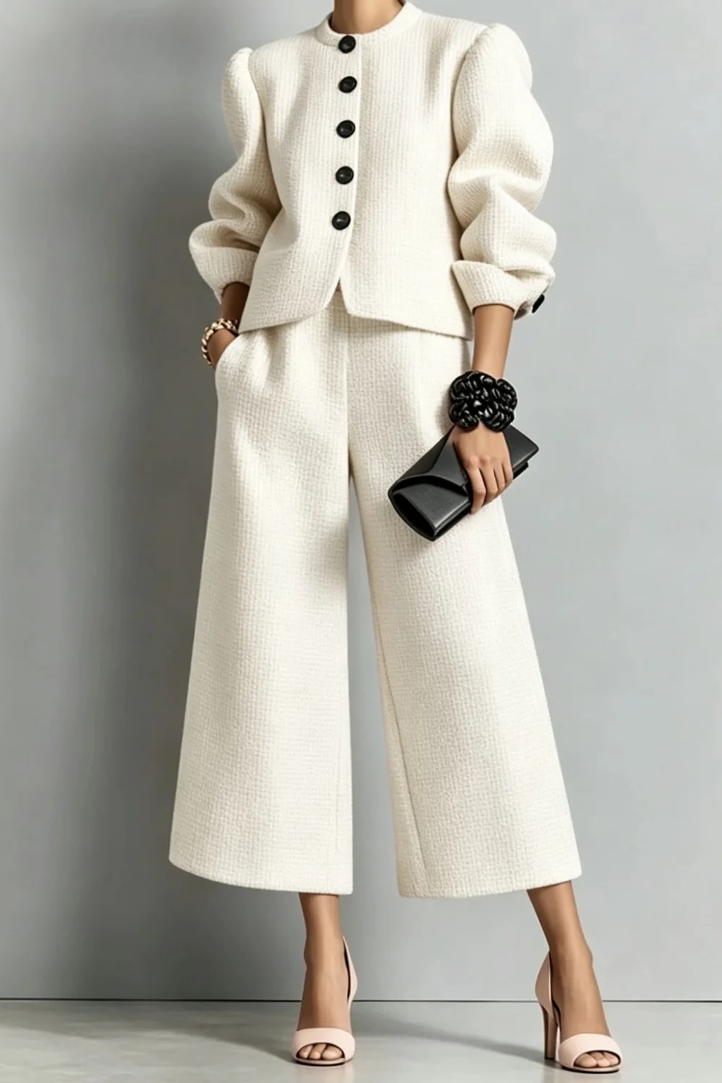Non-Woven Two-Piece Set With Bubble Sleeve Jacket - 5