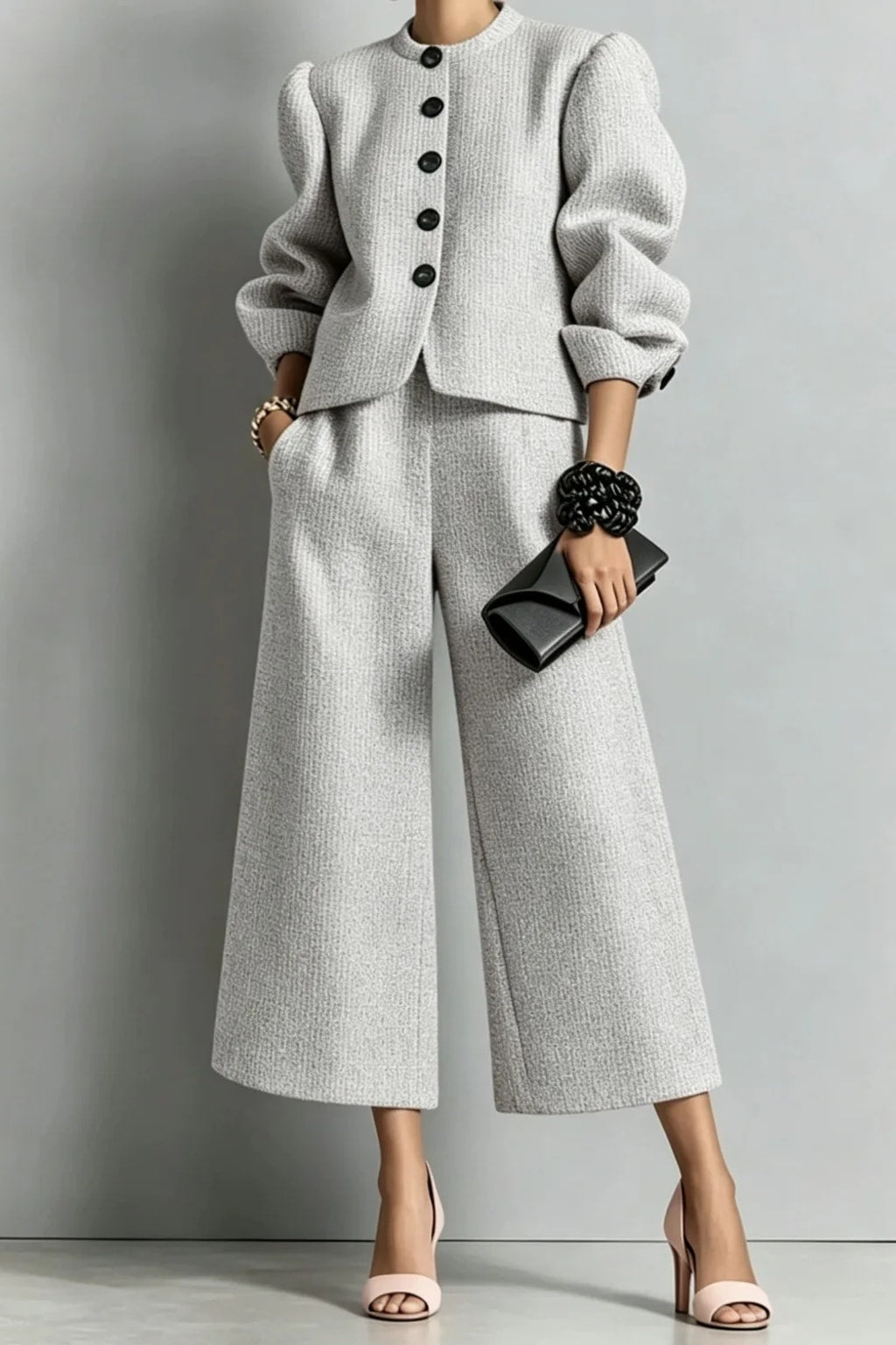 Non-Woven Two-Piece Set With Bubble Sleeve Jacket - 7