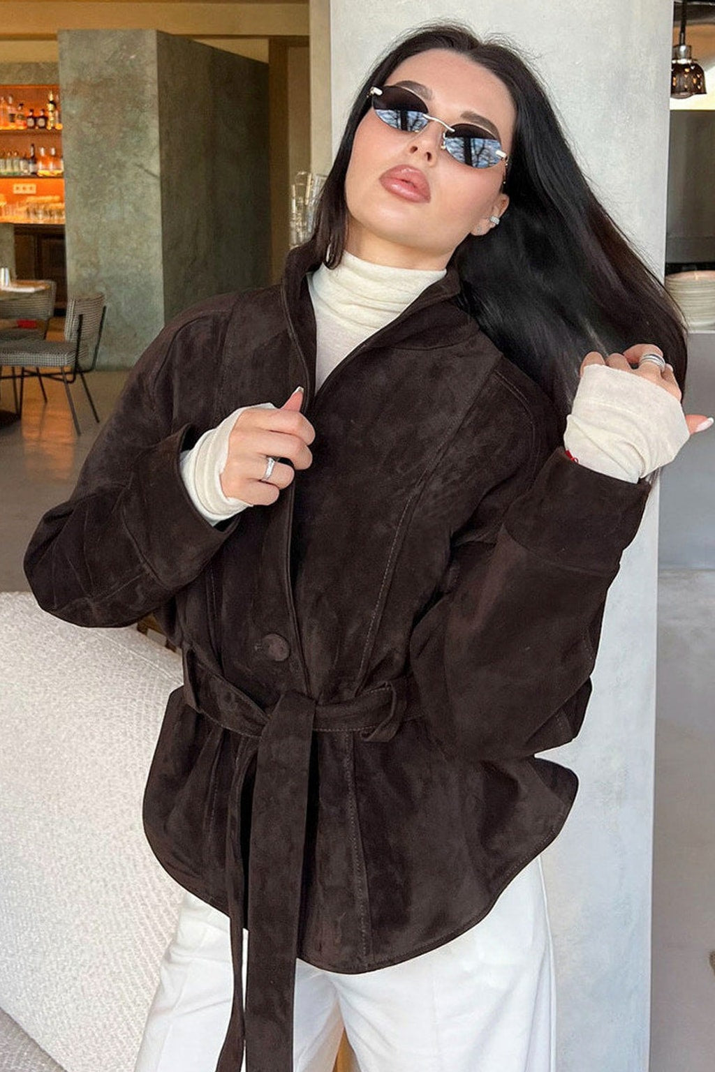 Suede Jacket With Belted Waist And Stand Collar - 3