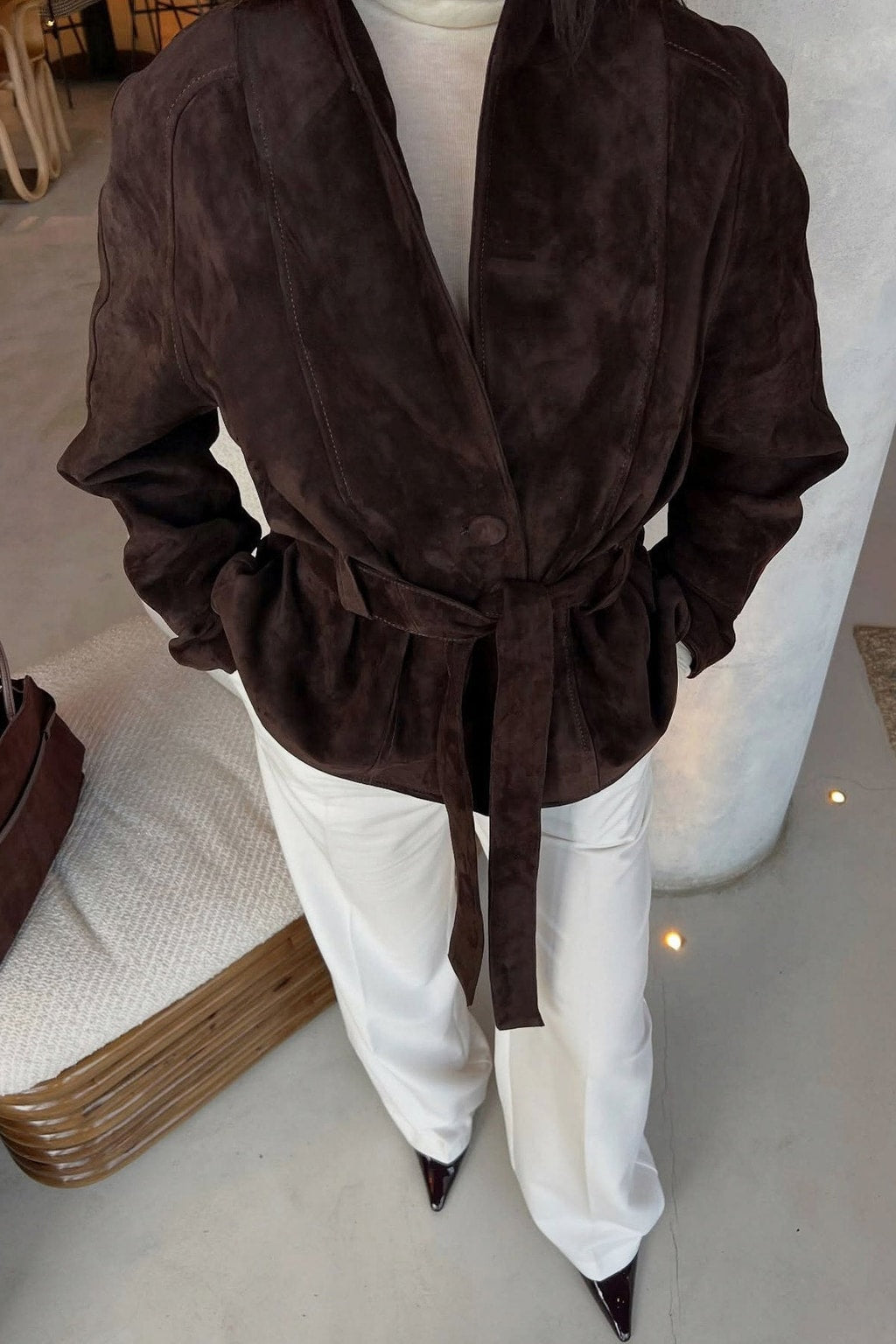 Suede Jacket With Belted Waist And Stand Collar - 4