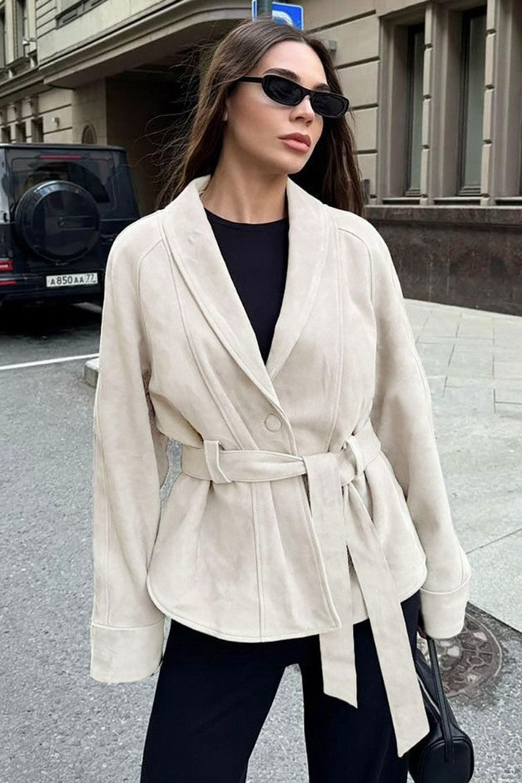 Suede Jacket With Belted Waist And Stand Collar - 6