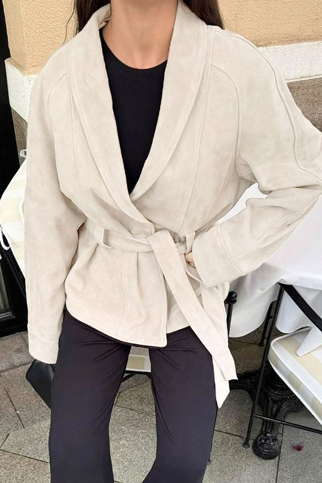 Suede Jacket With Belted Waist And Stand Collar - 7