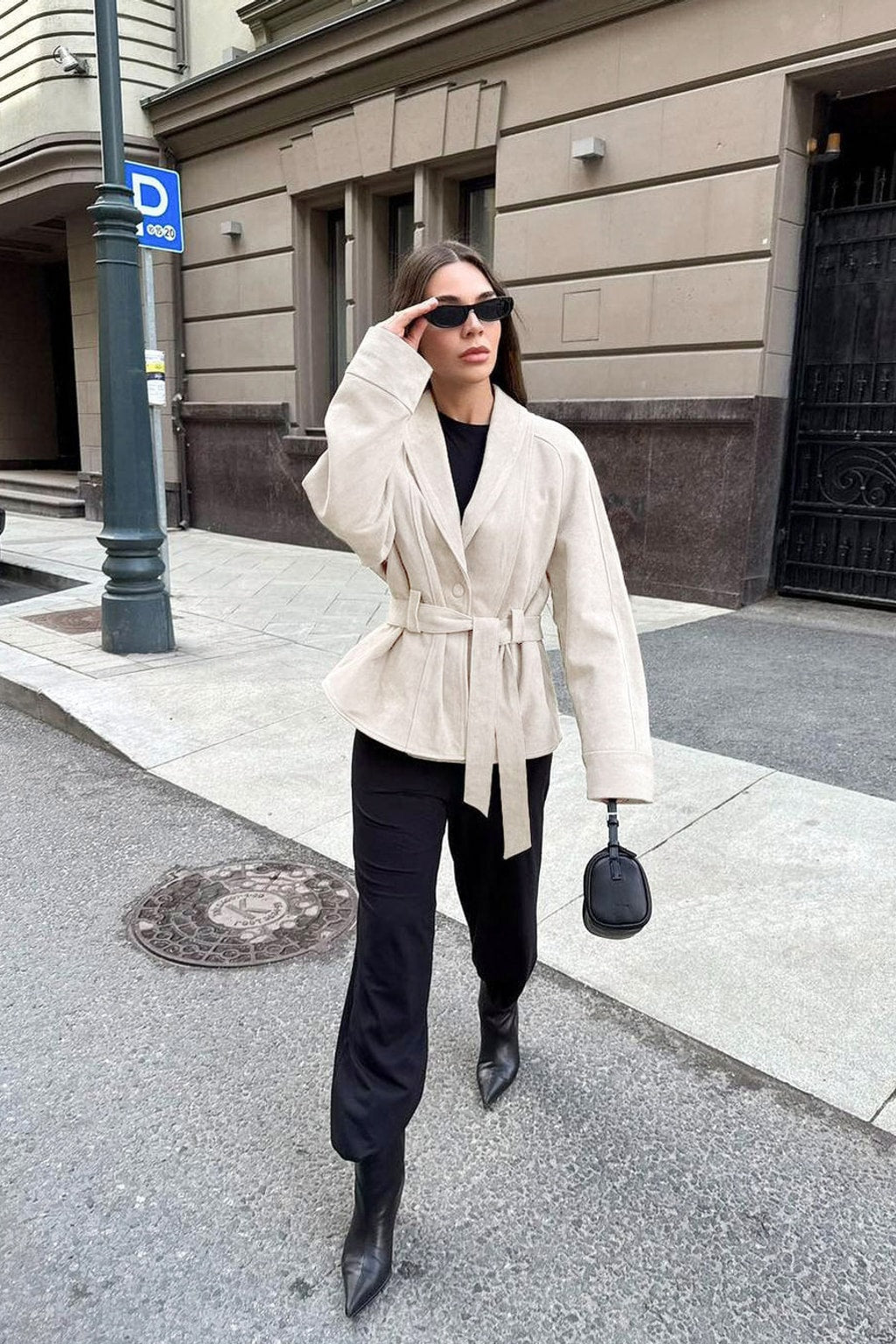 Suede Jacket With Belted Waist And Stand Collar - 8