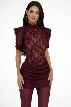 Lace Mini Dress With Ruched Skirt Detail - 2
