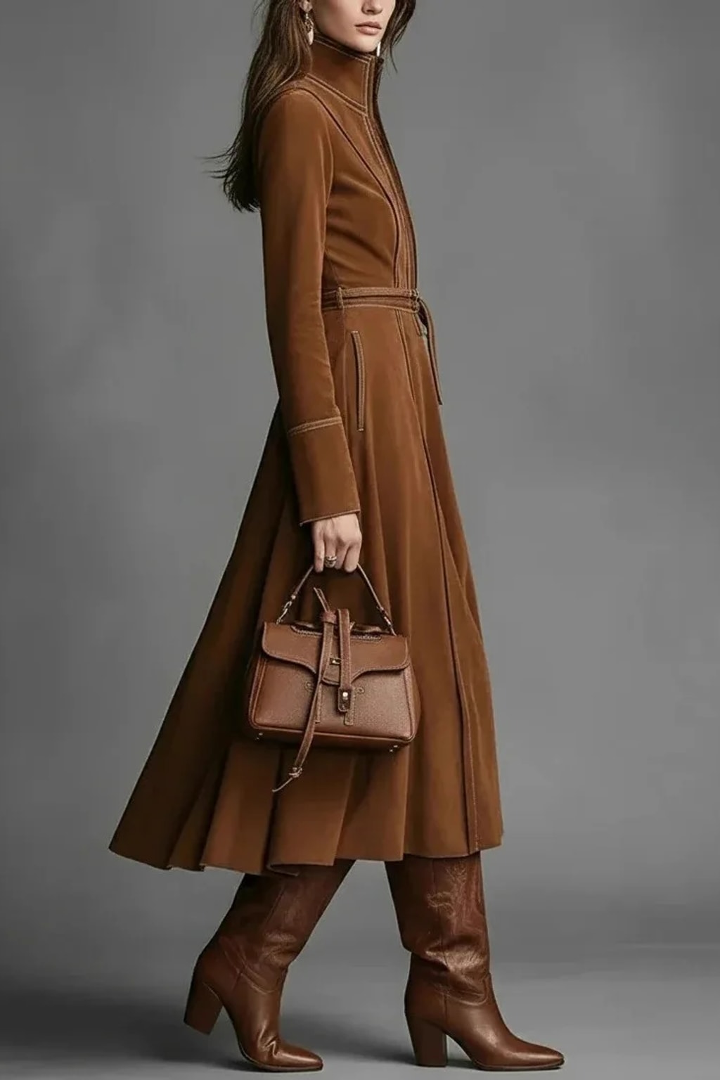 Polyester Midi Dress With Stand Collar And Half Zip - 3