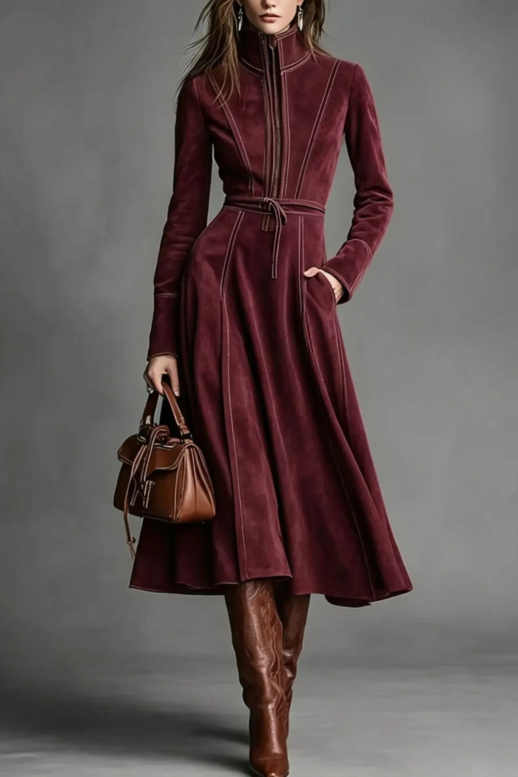 Polyester Midi Dress With Stand Collar And Half Zip - 6