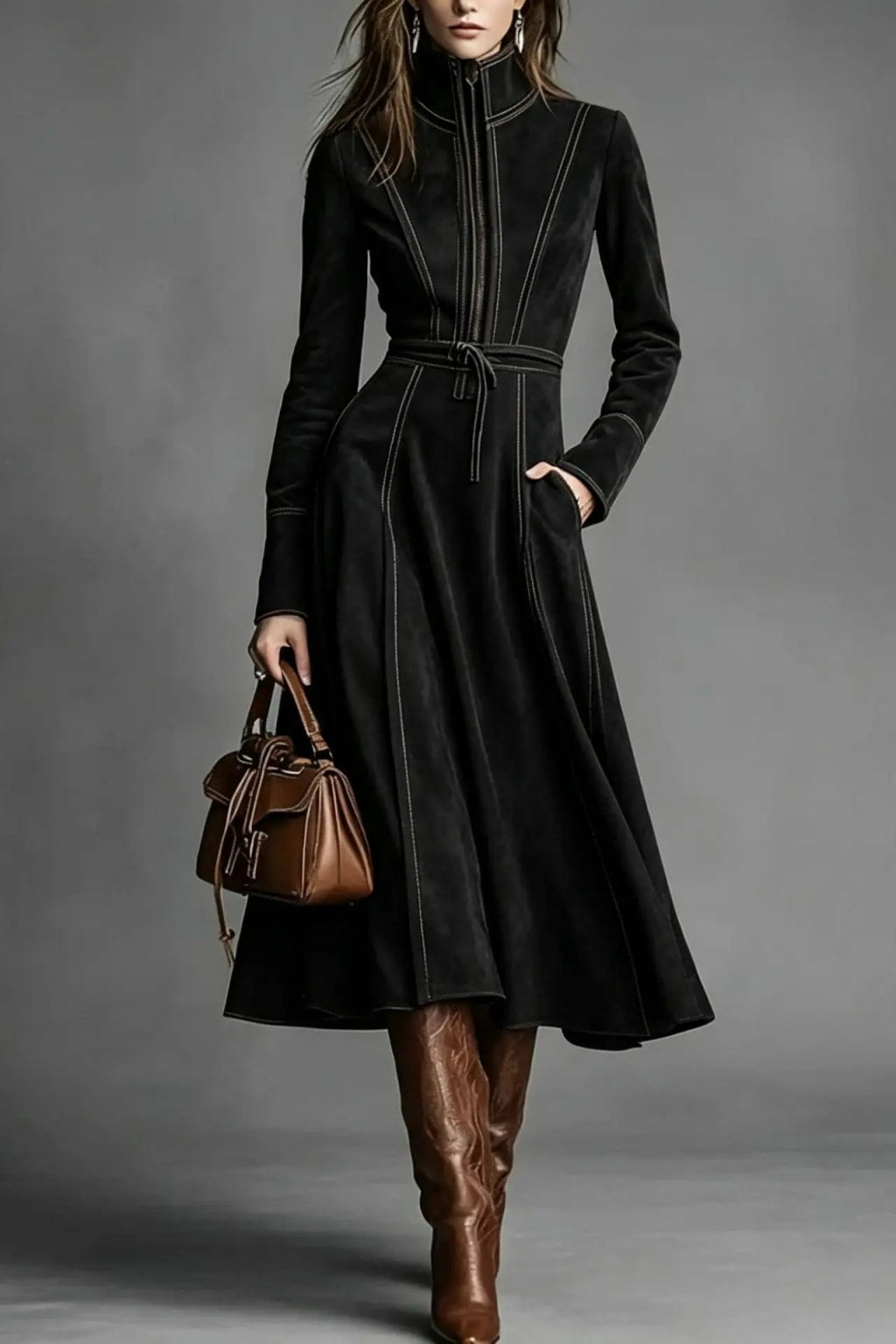 Polyester Midi Dress With Stand Collar And Half Zip - 7