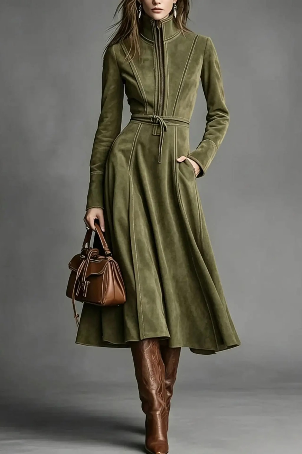 Polyester Midi Dress With Stand Collar And Half Zip - 8
