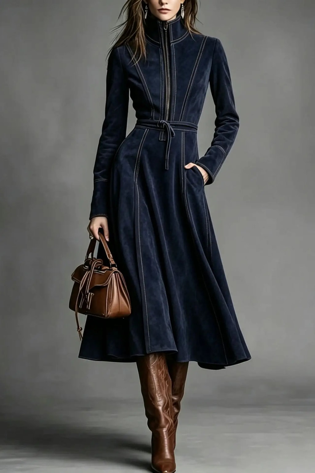 Polyester Midi Dress With Stand Collar And Half Zip - 9