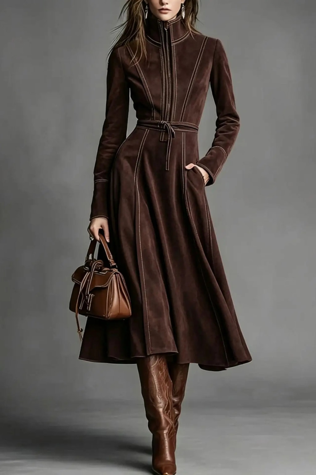 Polyester Midi Dress With Stand Collar And Half Zip - 10
