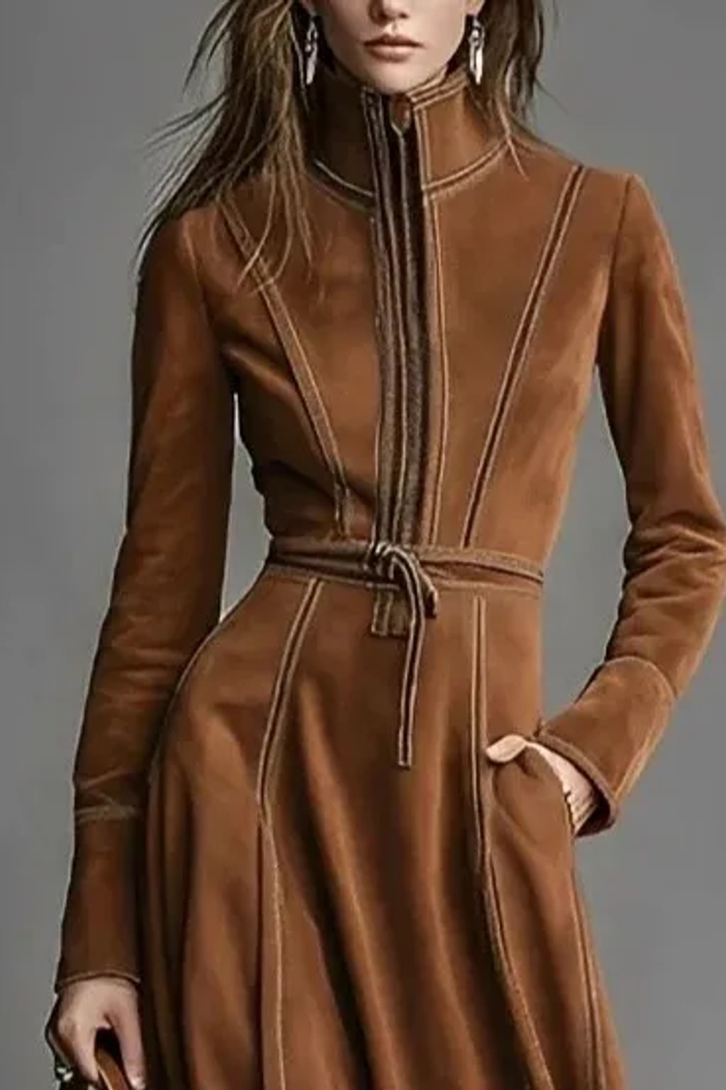 Polyester Midi Dress With Stand Collar And Half Zip - 5