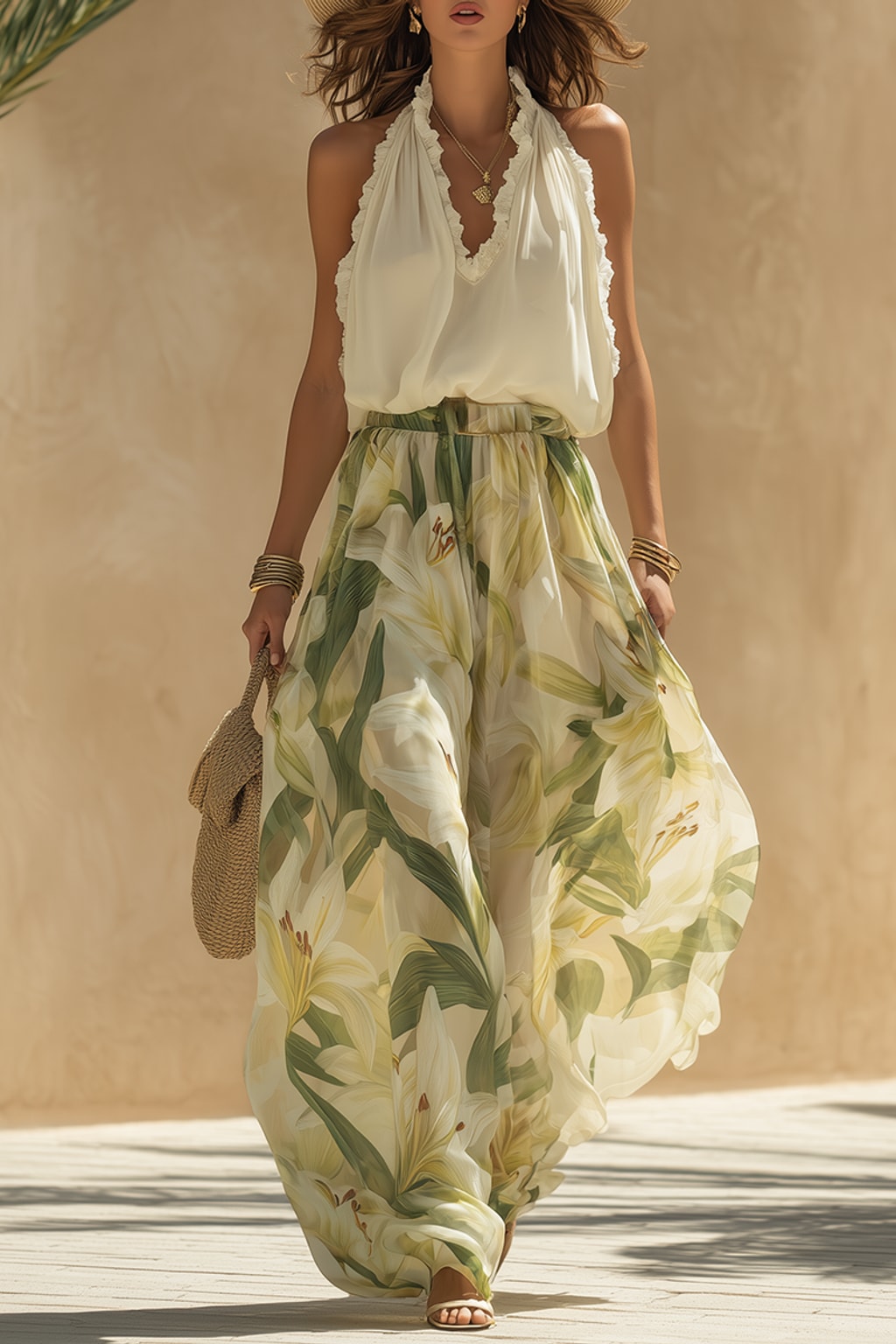 Cotton Halter Top and Wide Leg Pants Set - 2
