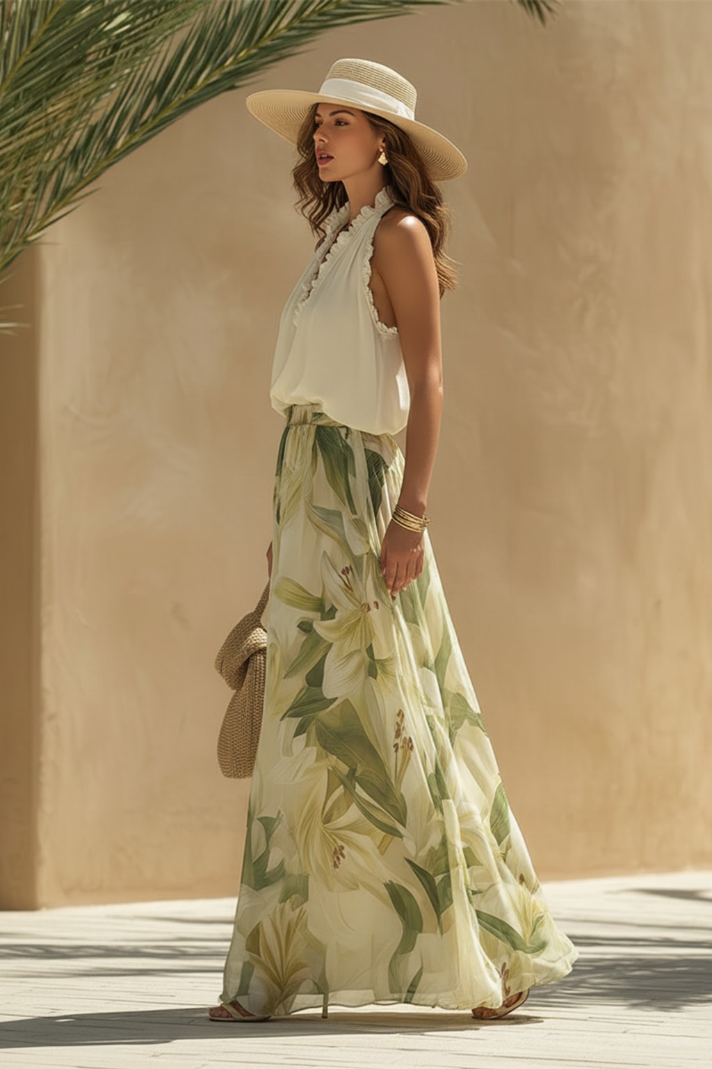Cotton Halter Top and Wide Leg Pants Set - 3