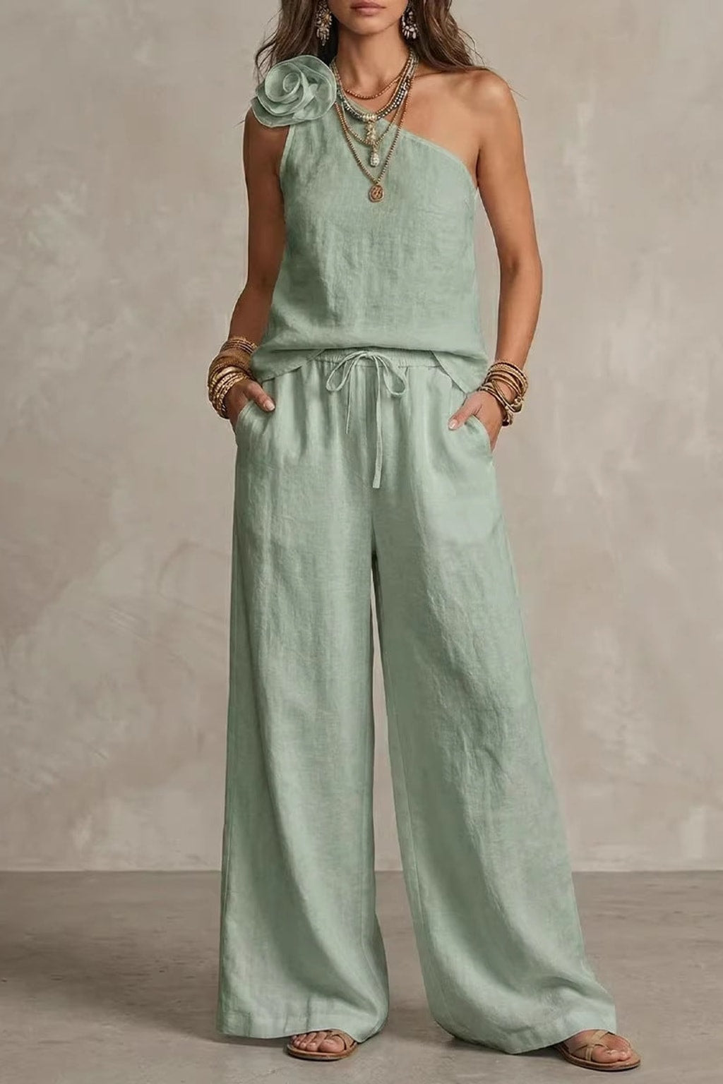 Fabric Two-Piece Set With One Shoulder Rosette - 5