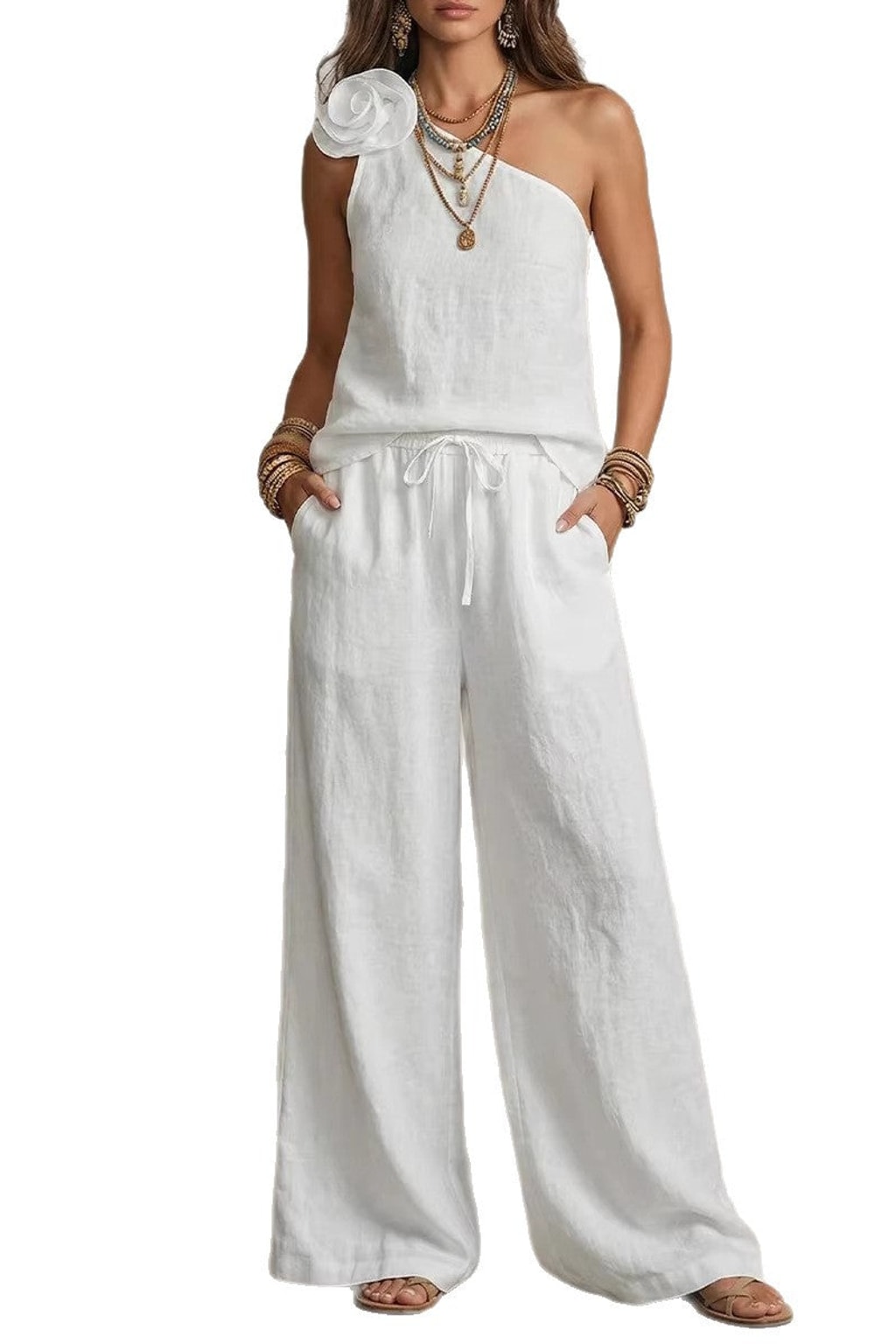 Fabric Two-Piece Set With One Shoulder Rosette - 7