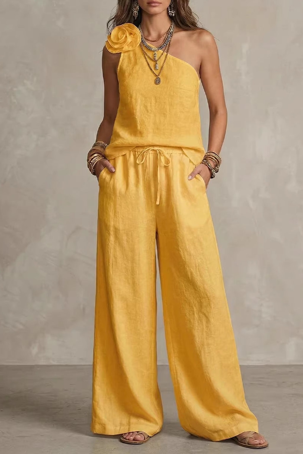 Fabric Two-Piece Set With One Shoulder Rosette - 6