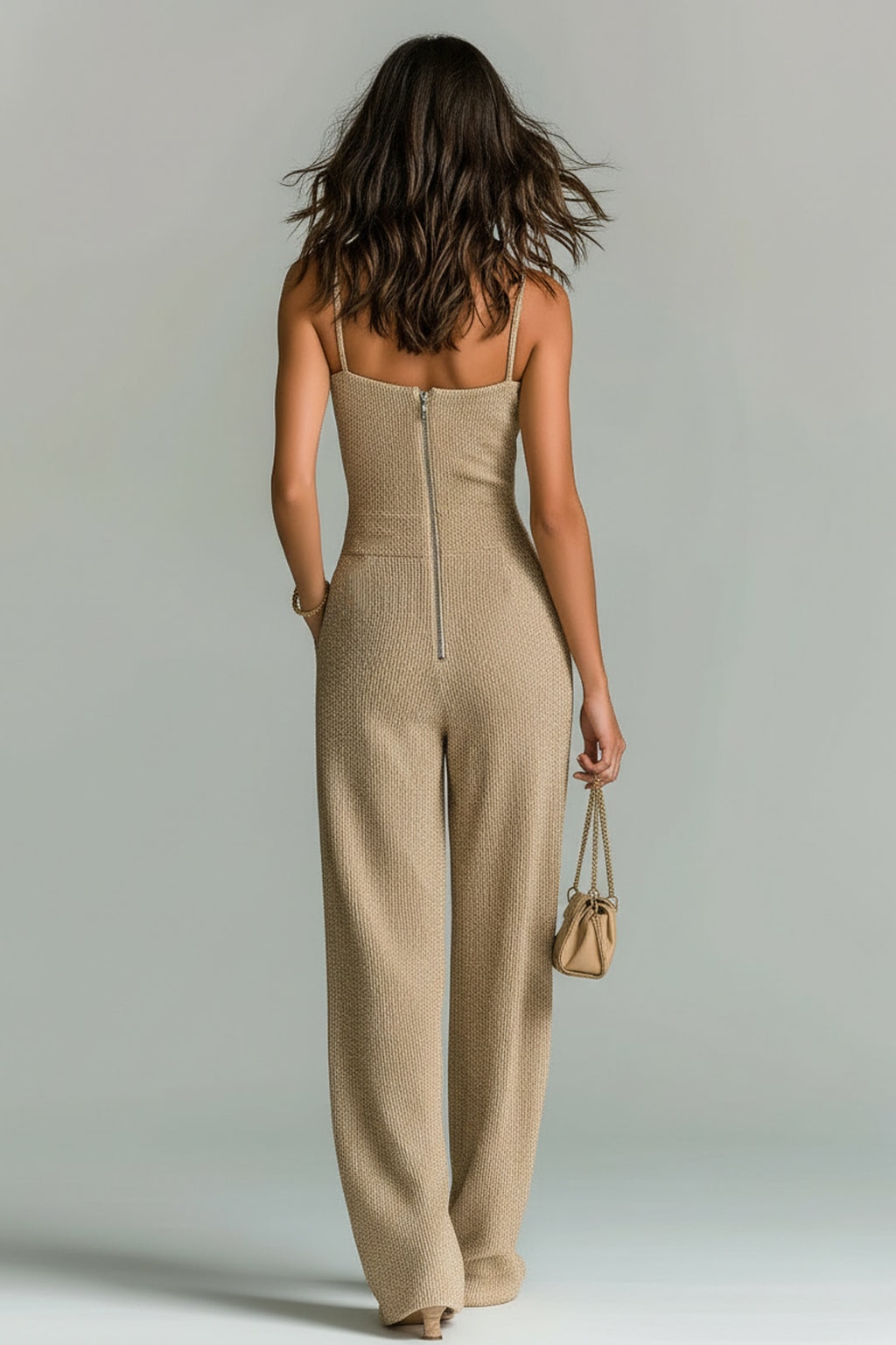 Ribbed Knit Wide Leg Cami Jumpsuit in Camel - 4