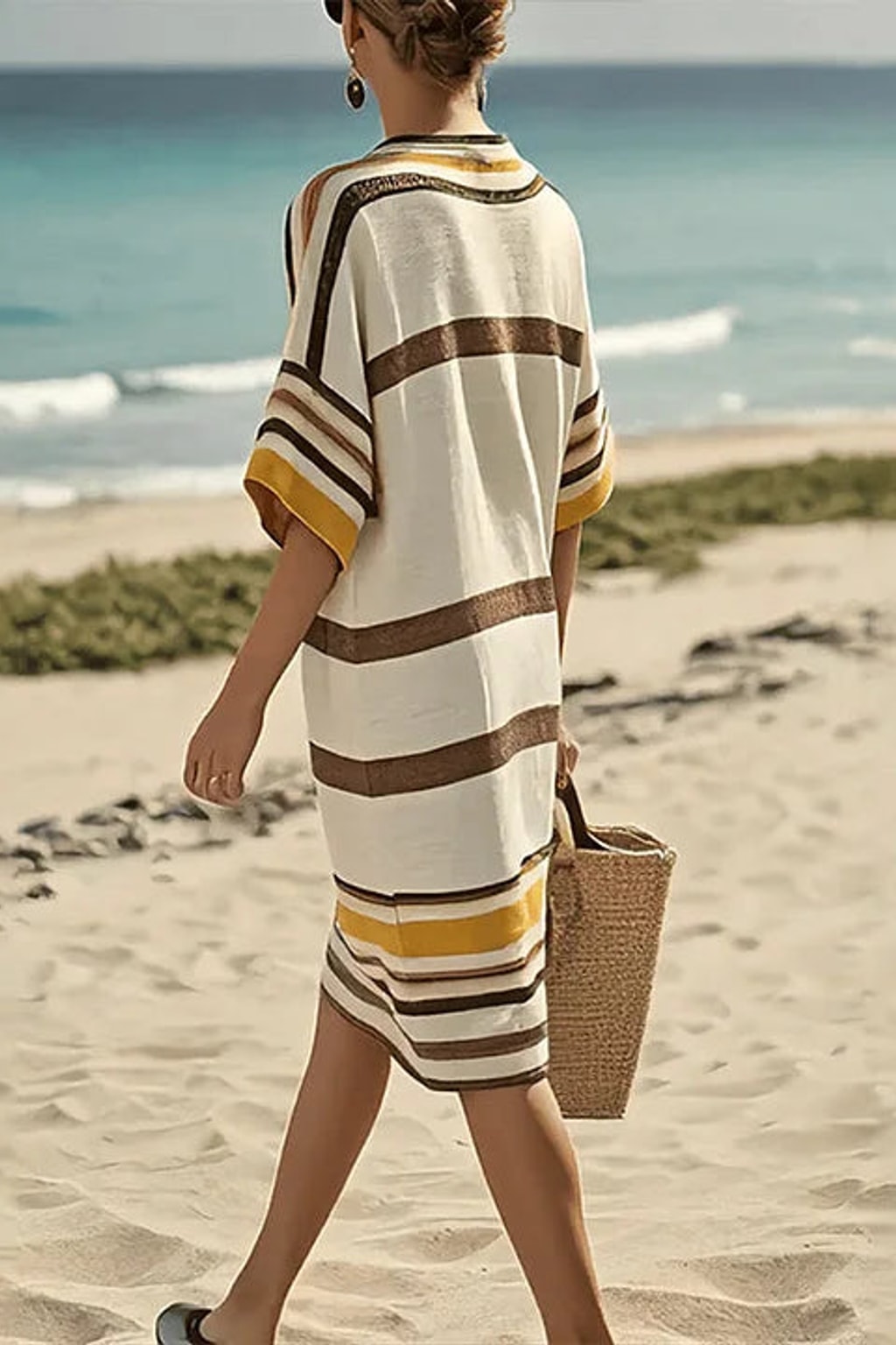 Lightweight Striped V-Neck Kaftan Dress - 4