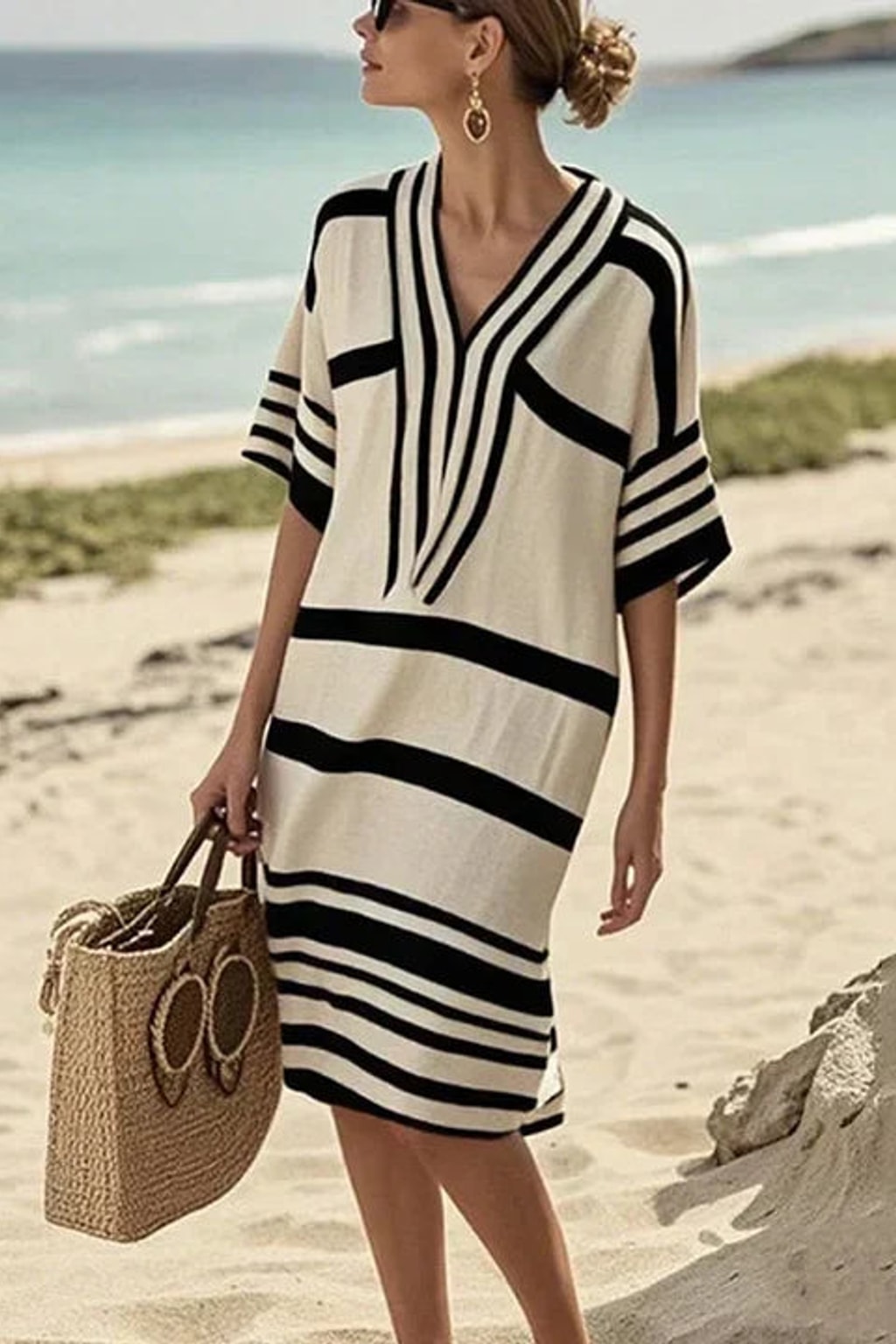 Lightweight Striped V-Neck Kaftan Dress - 5