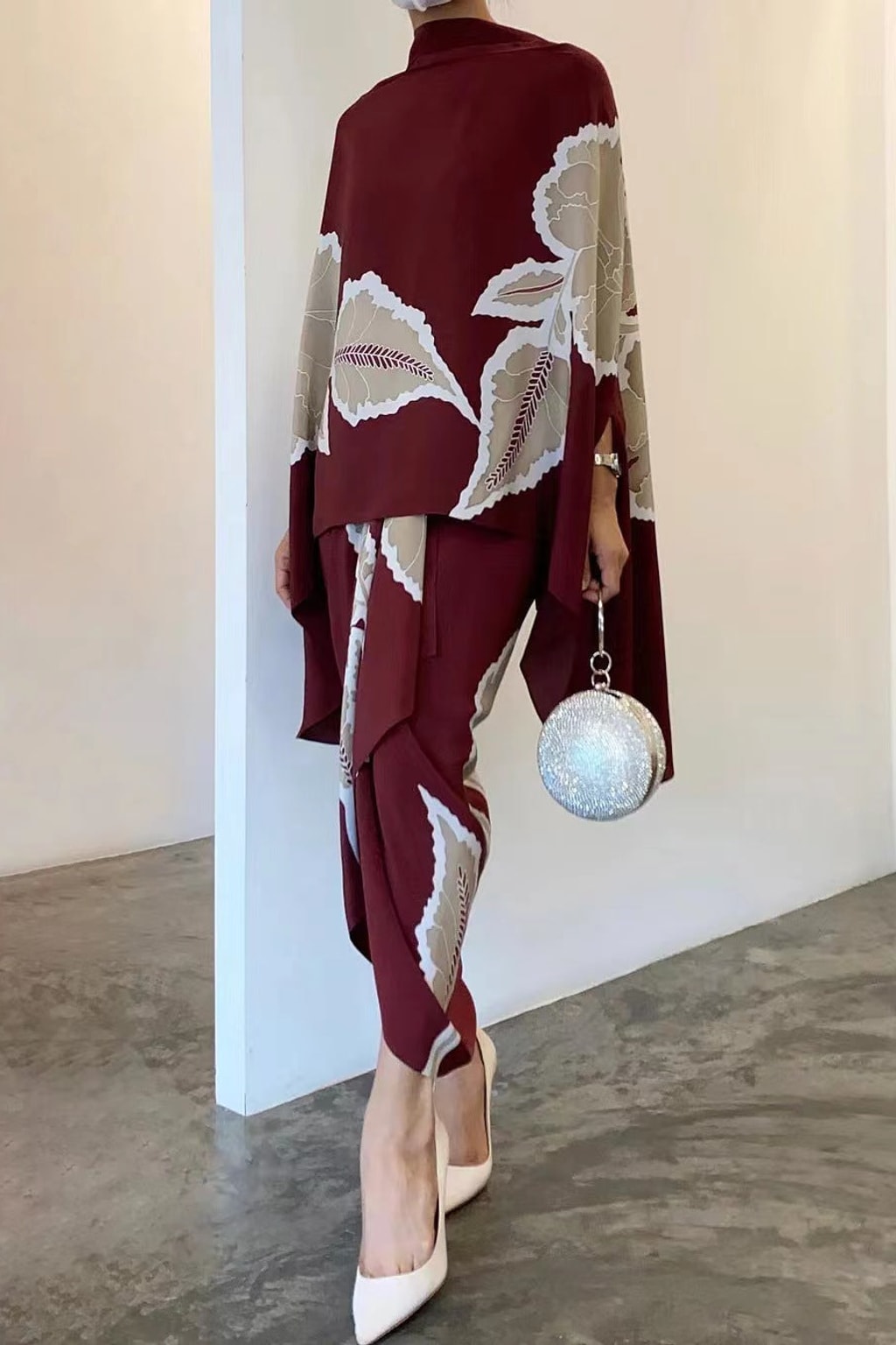Floral Cape Top Two Piece Set with Draped Silhouette - 6