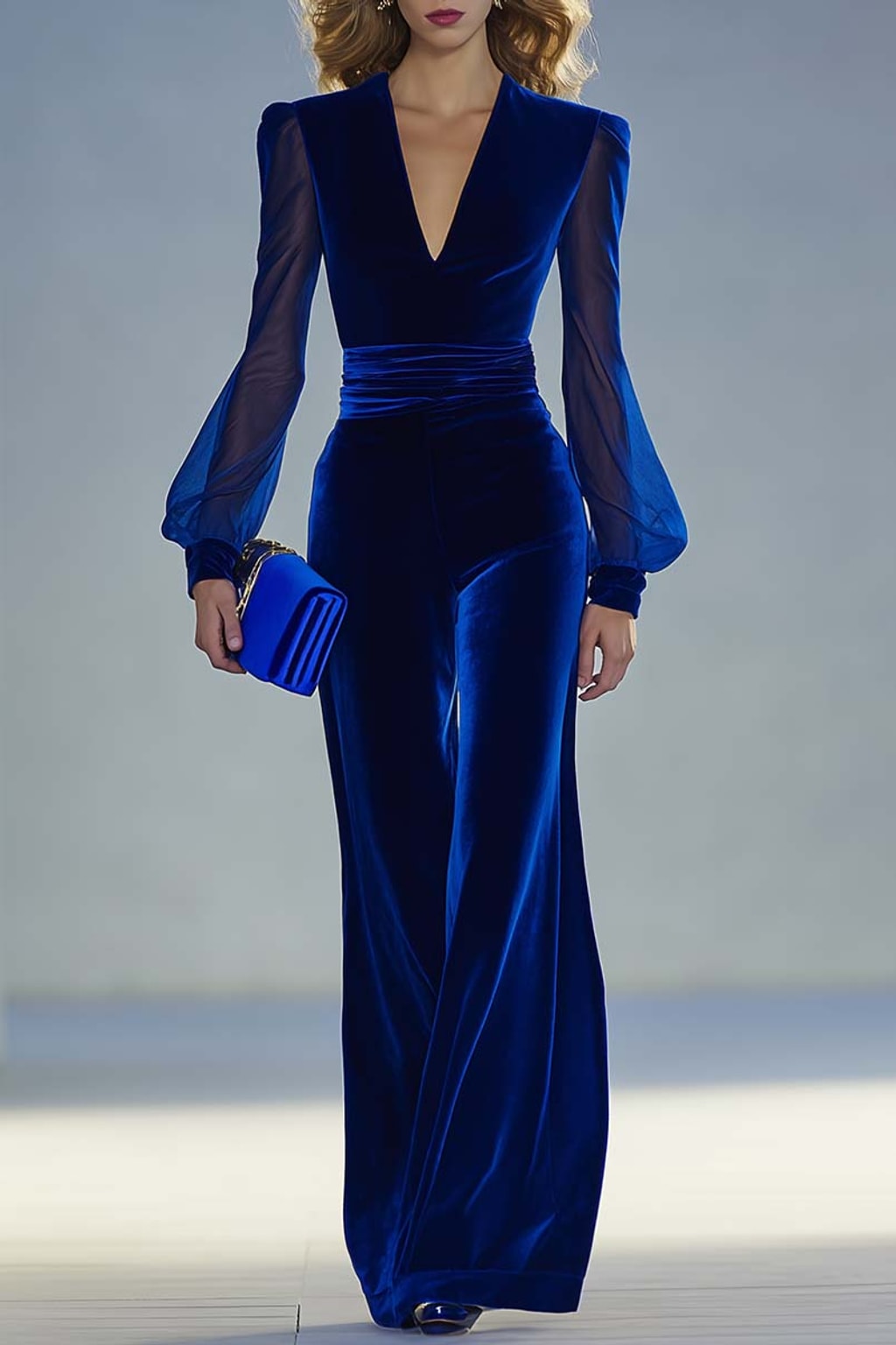 Velvet Jumpsuit With Sheer Balloon Sleeves - 6