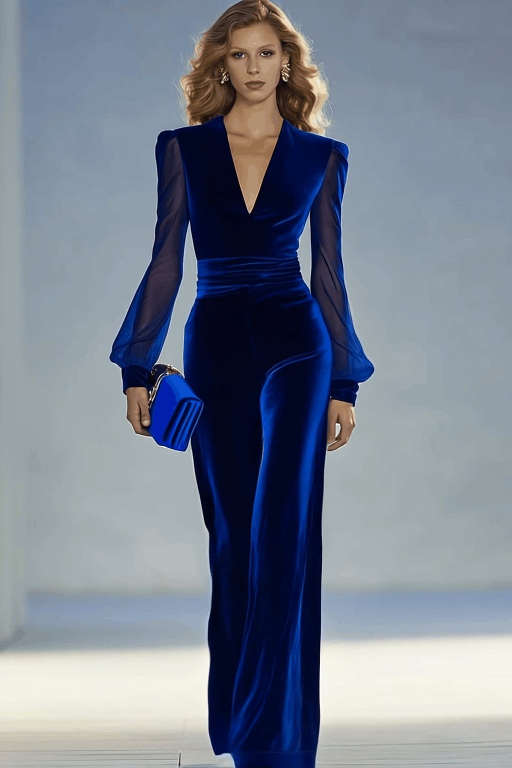 Velvet Jumpsuit With Sheer Balloon Sleeves - 2