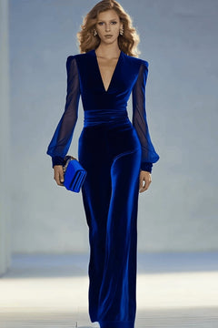 Velvet Jumpsuit With Sheer Balloon Sleeves - 2