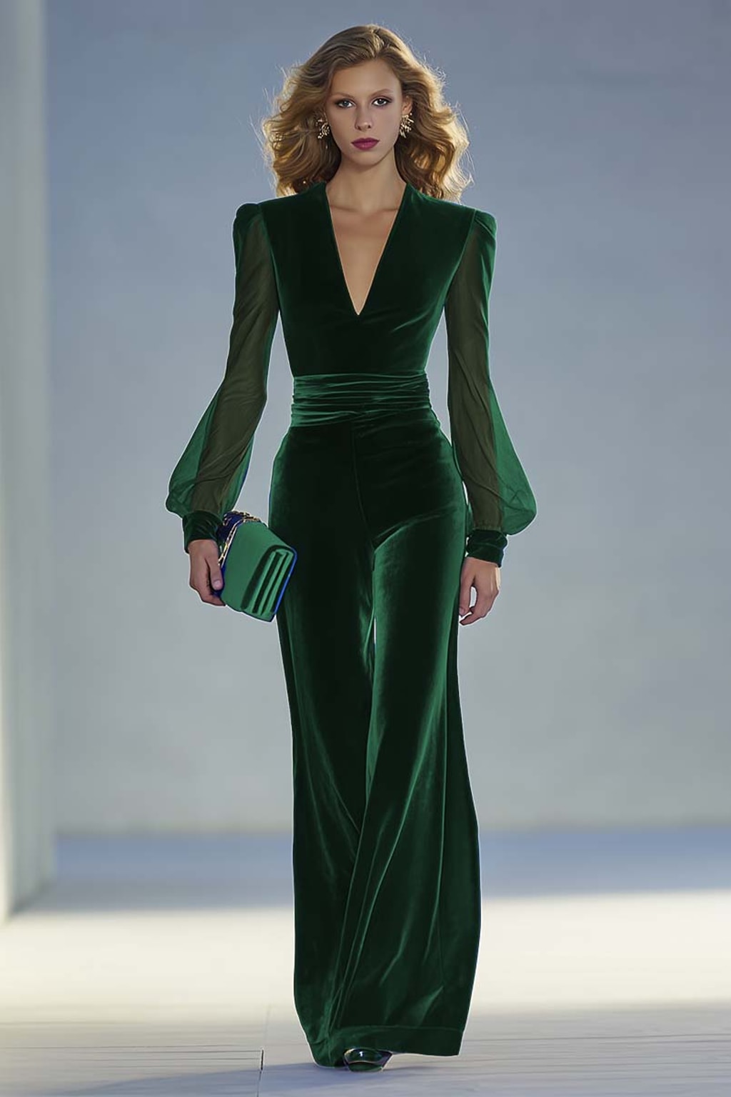 Velvet Jumpsuit With Sheer Balloon Sleeves - 5