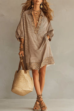 Striped Cotton Shirt Dress with Leopard Trim - 2