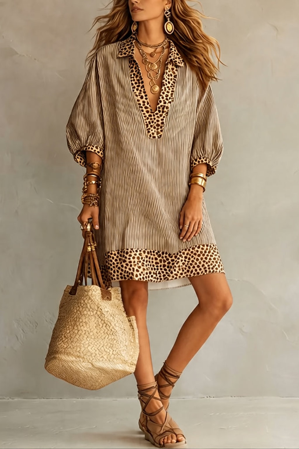 Striped Cotton Shirt Dress with Leopard Trim - 3