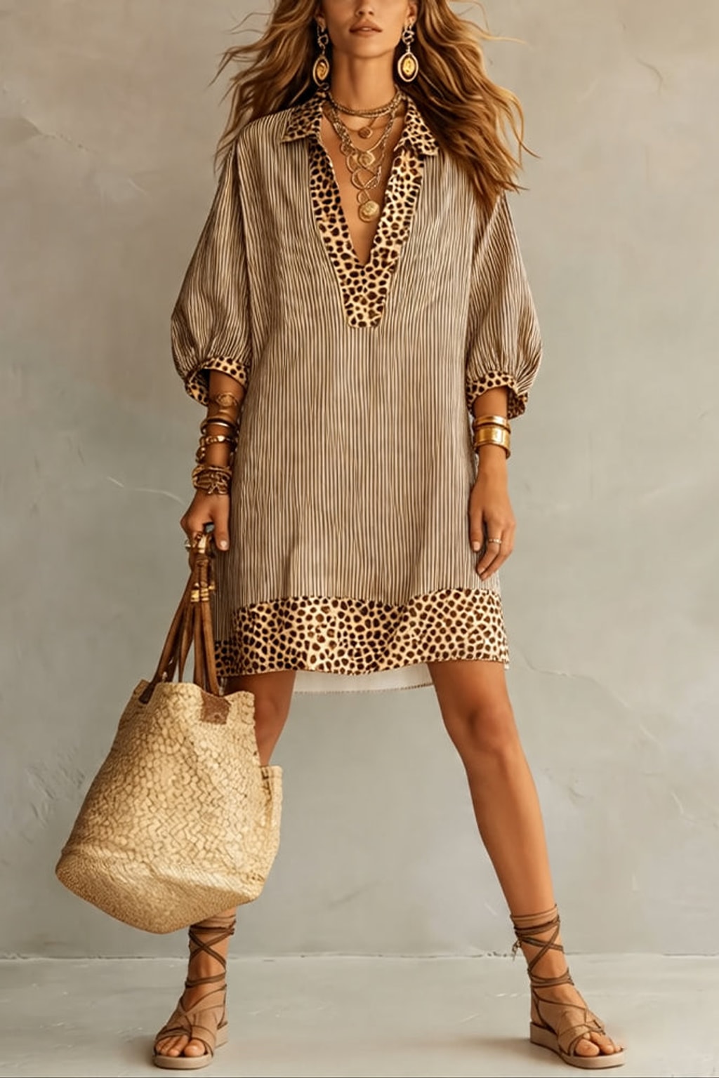 Striped Cotton Shirt Dress with Leopard Trim - 4