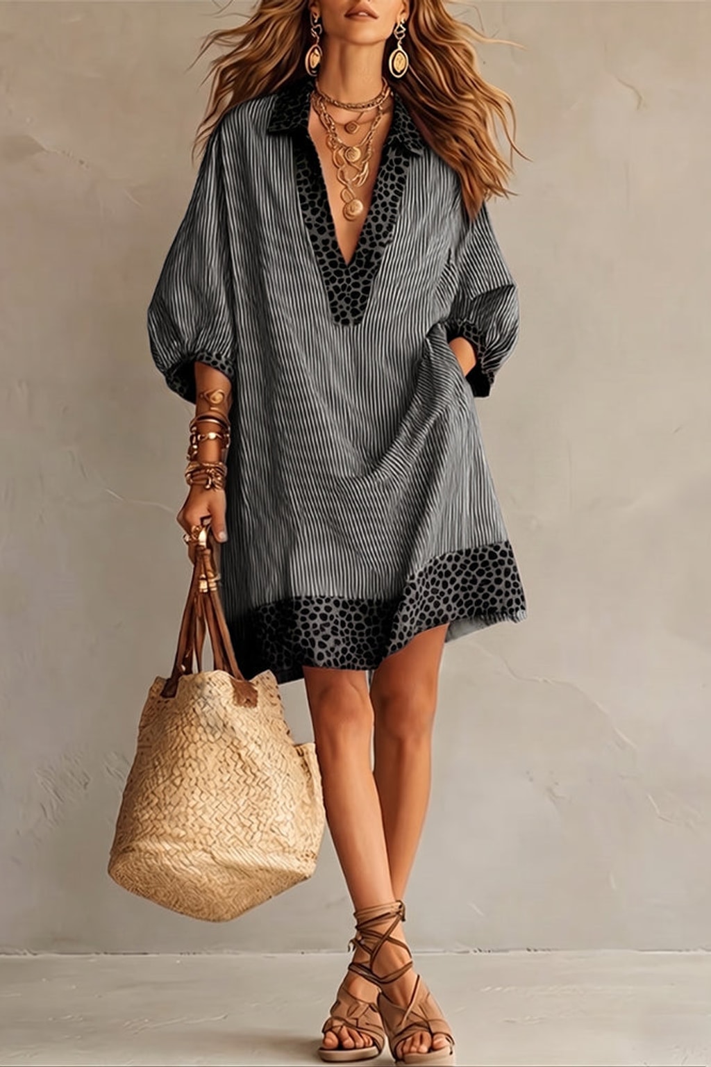 Striped Cotton Shirt Dress with Leopard Trim - 5