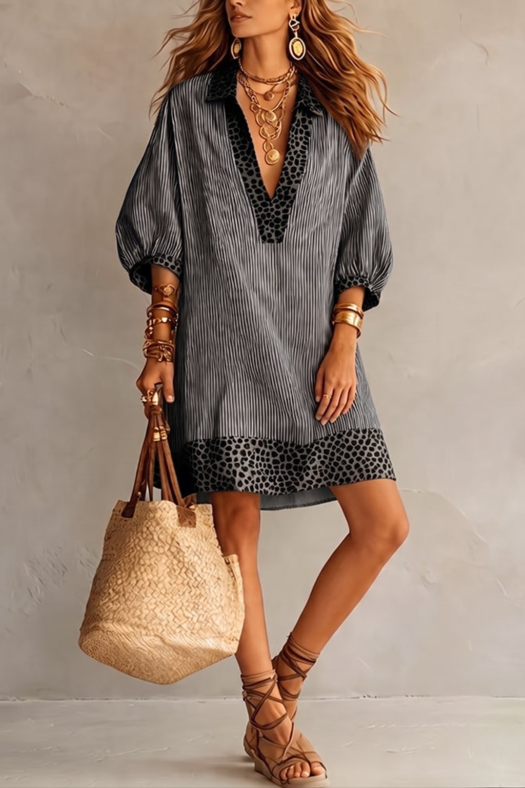 Striped Cotton Shirt Dress with Leopard Trim - 6