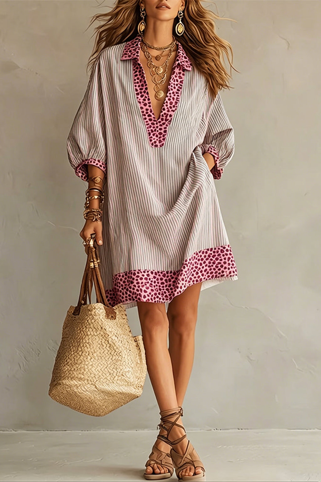 Striped Cotton Shirt Dress with Leopard Trim - 7