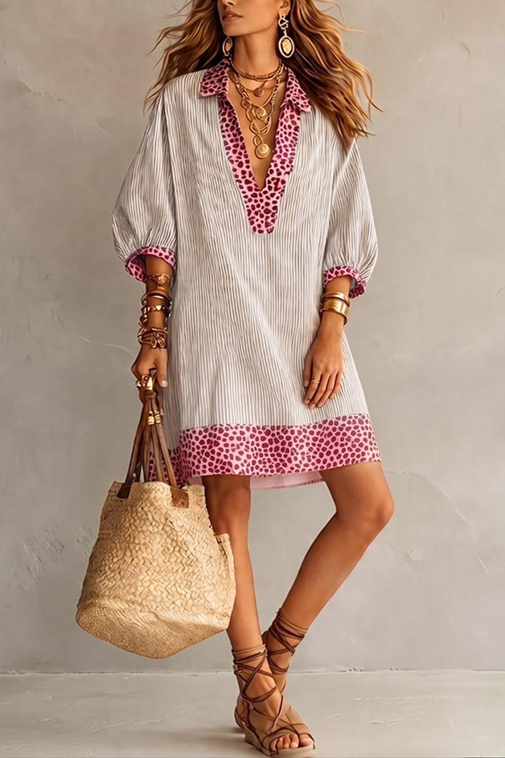 Striped Cotton Shirt Dress with Leopard Trim - 8