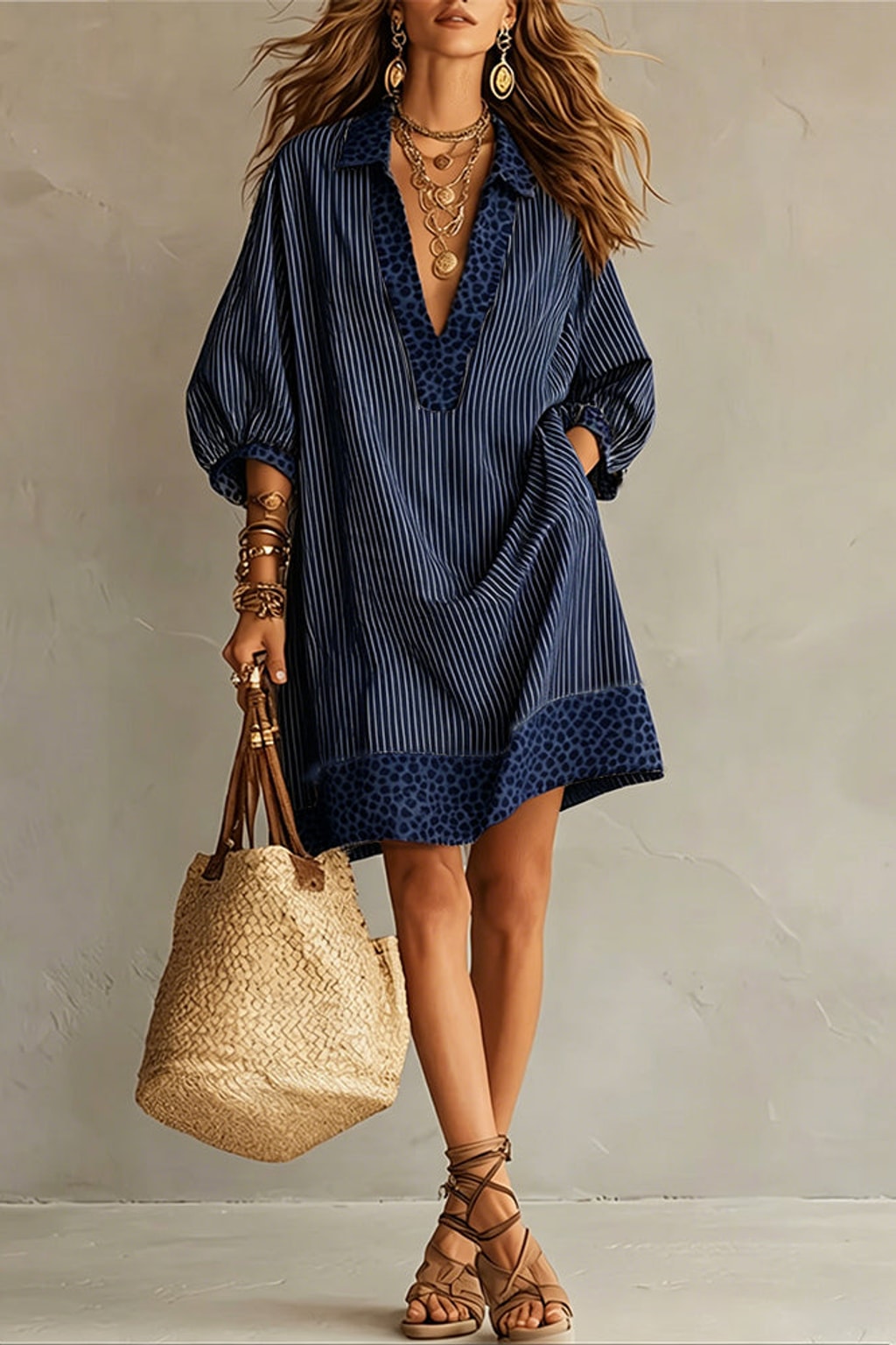 Striped Cotton Shirt Dress with Leopard Trim - 9