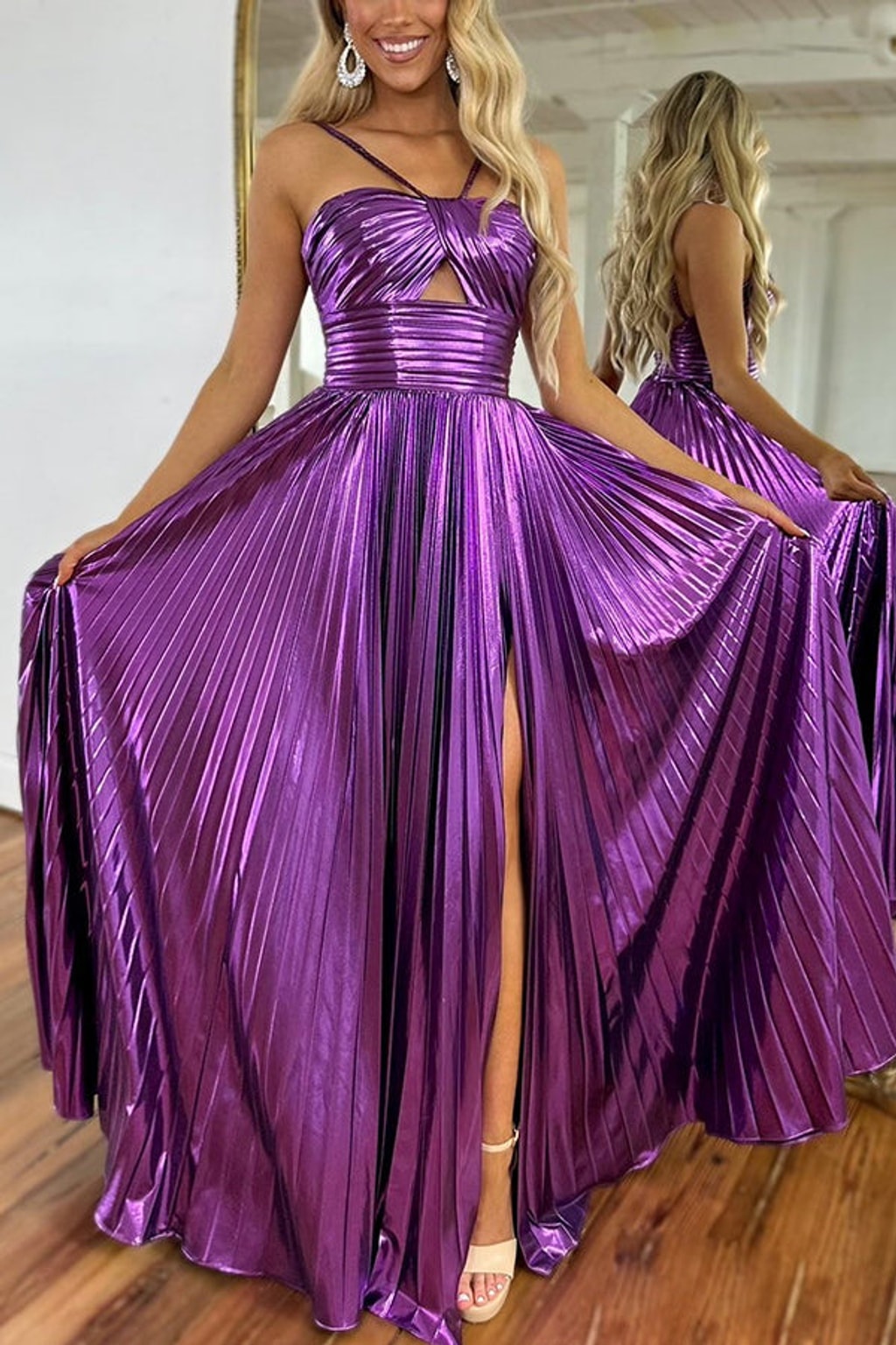 Metallic Maxi Dress with Cross Neck and Slit - 4