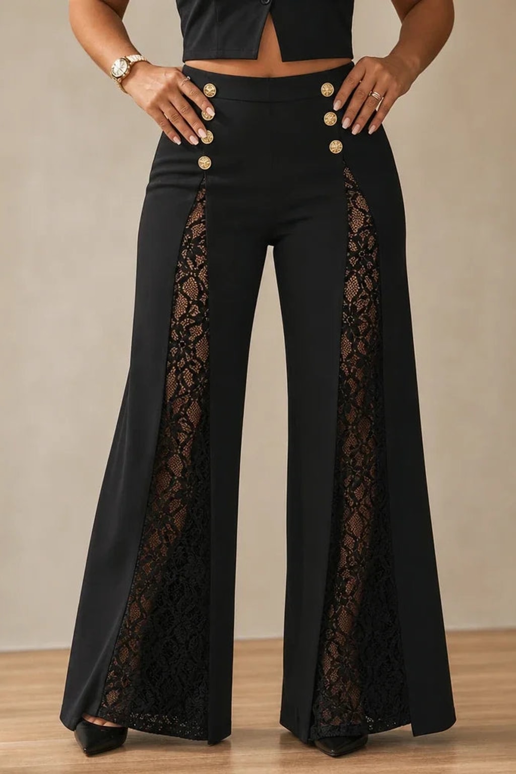Viscose Blend Wide-Leg Trousers With Floral Lace Panels - 2