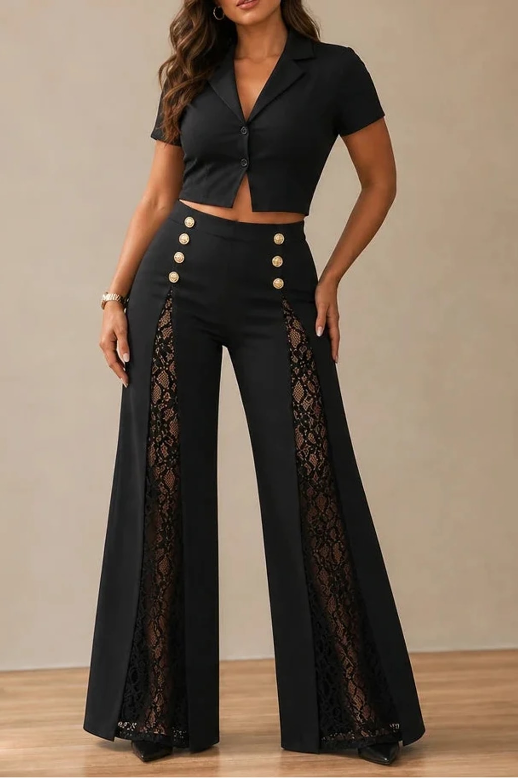 Viscose Blend Wide-Leg Trousers With Floral Lace Panels - 4
