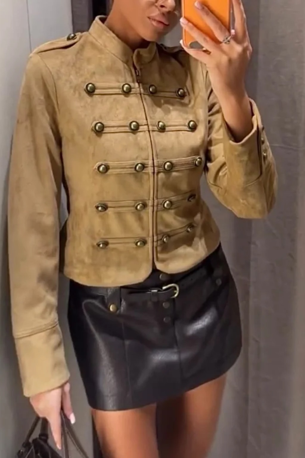 Suede Crop Jacket with Stand Collar and Epaulettes - 5