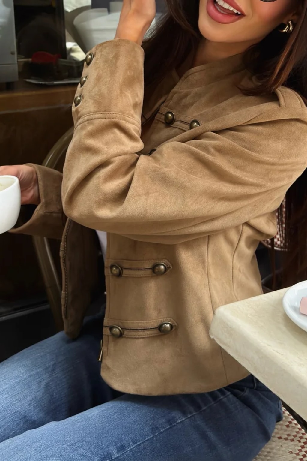 Suede Crop Jacket with Stand Collar and Epaulettes - 3