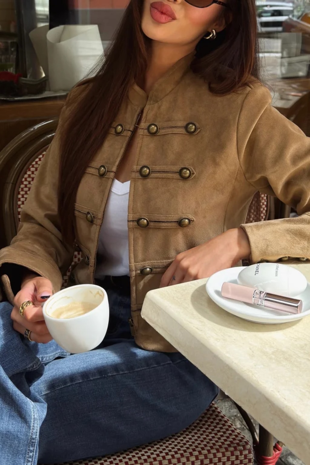 Suede Crop Jacket with Stand Collar and Epaulettes - 4