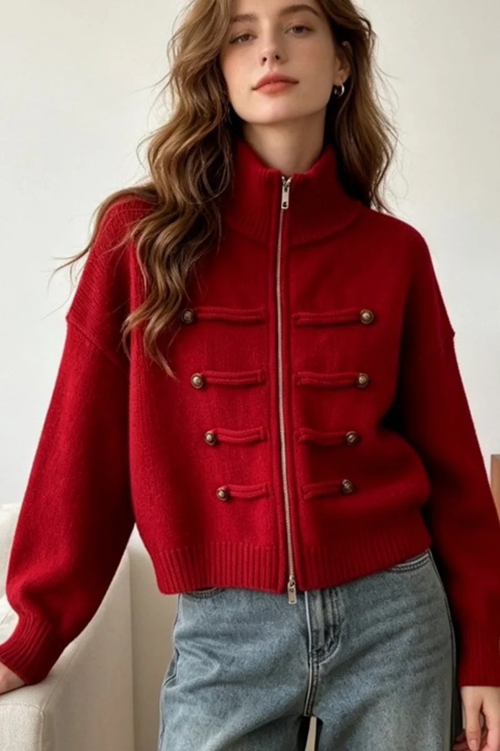 Knit Cardigan with Double Zipper and Button Detail - 10