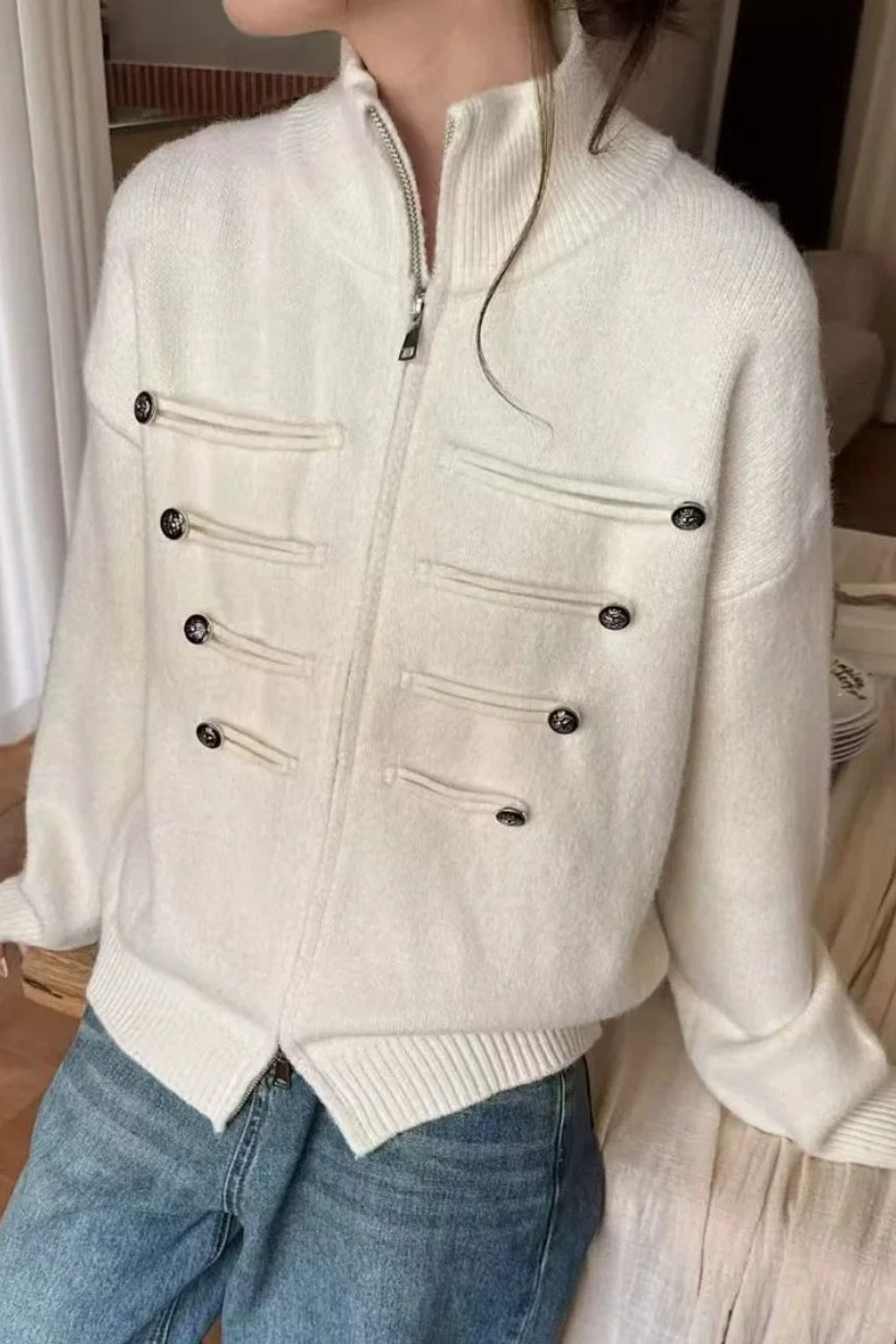 Knit Cardigan with Double Zipper and Button Detail - 13