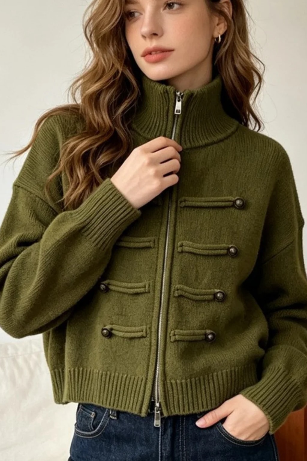 Knit Cardigan with Double Zipper and Button Detail - 4
