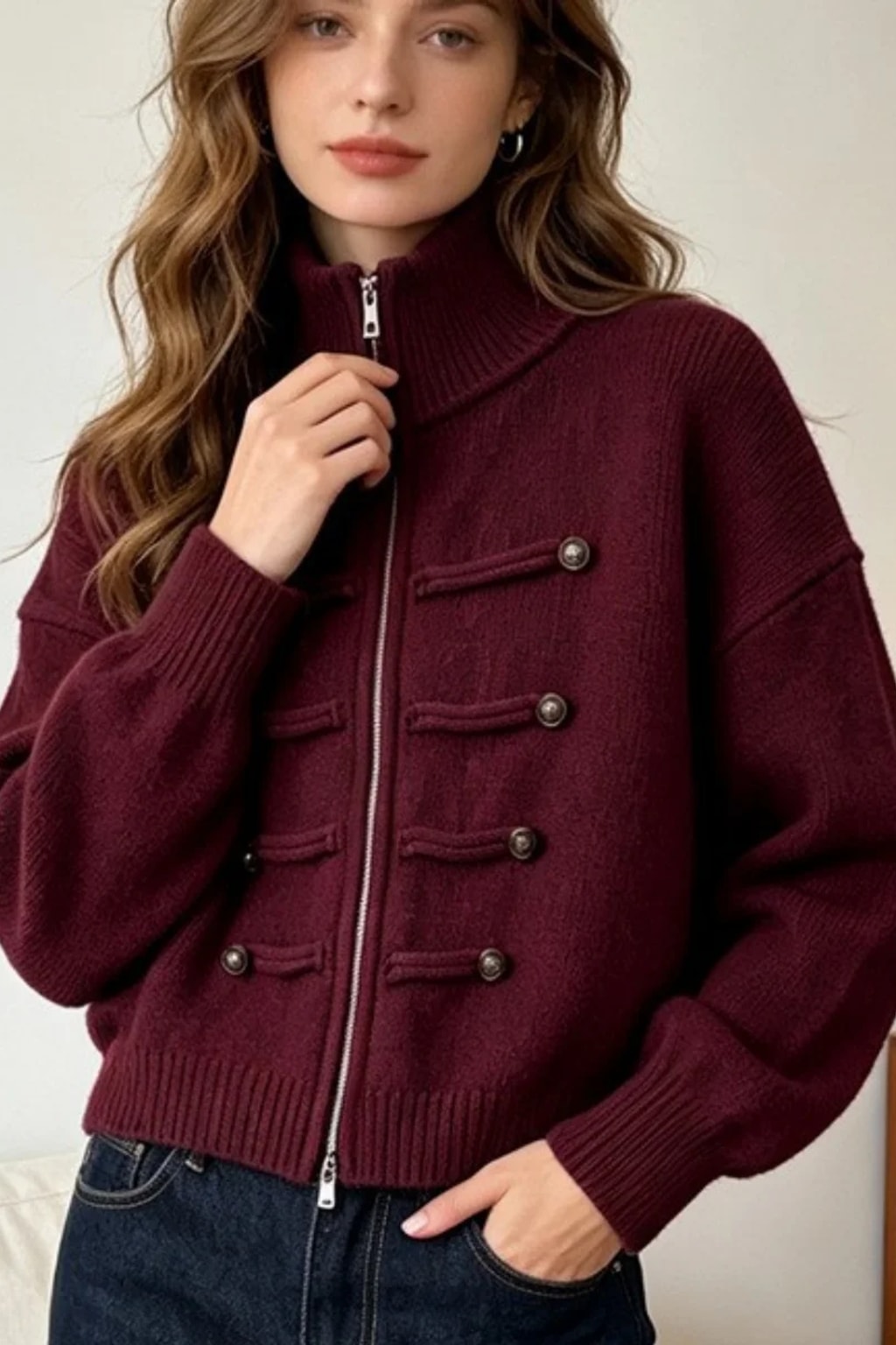 Knit Cardigan with Double Zipper and Button Detail - 2