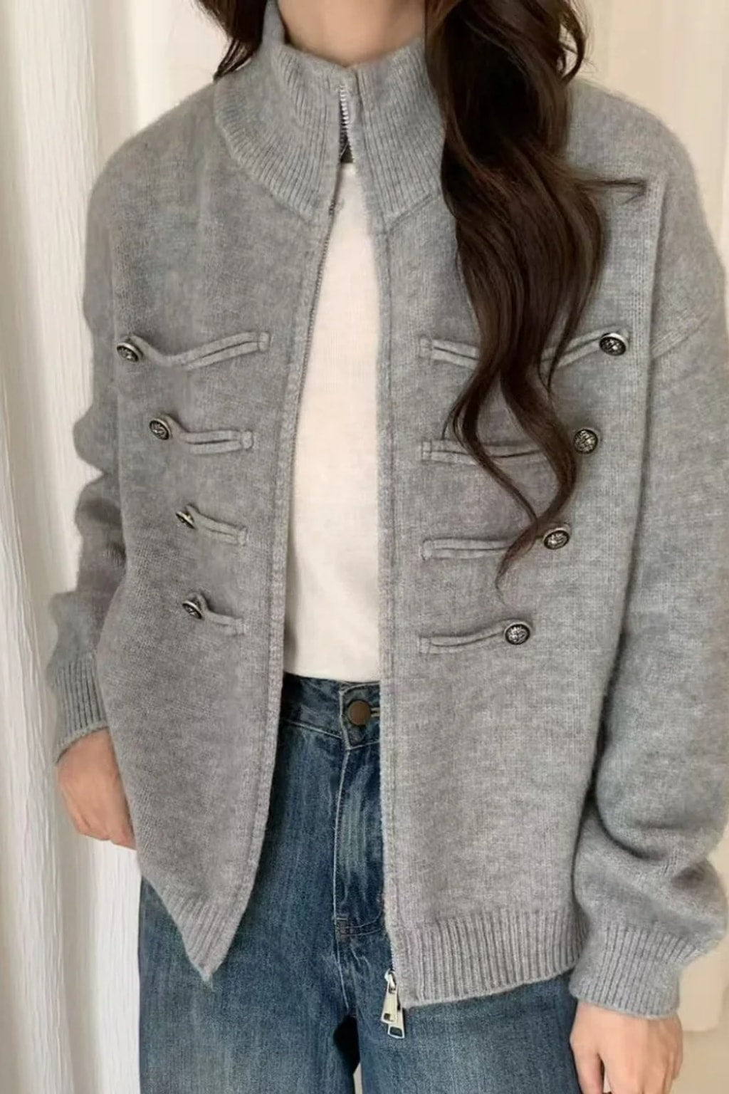 Knit Cardigan with Double Zipper and Button Detail - 12