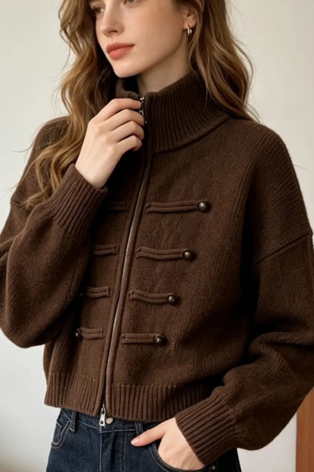 Knit Cardigan with Double Zipper and Button Detail - 3